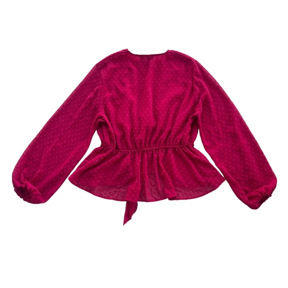 PrettyLittleThing Womens M Dark Red Swiss Dot Tie Front Wrap Sheer Peplum Blouse - Picture 2 of 13